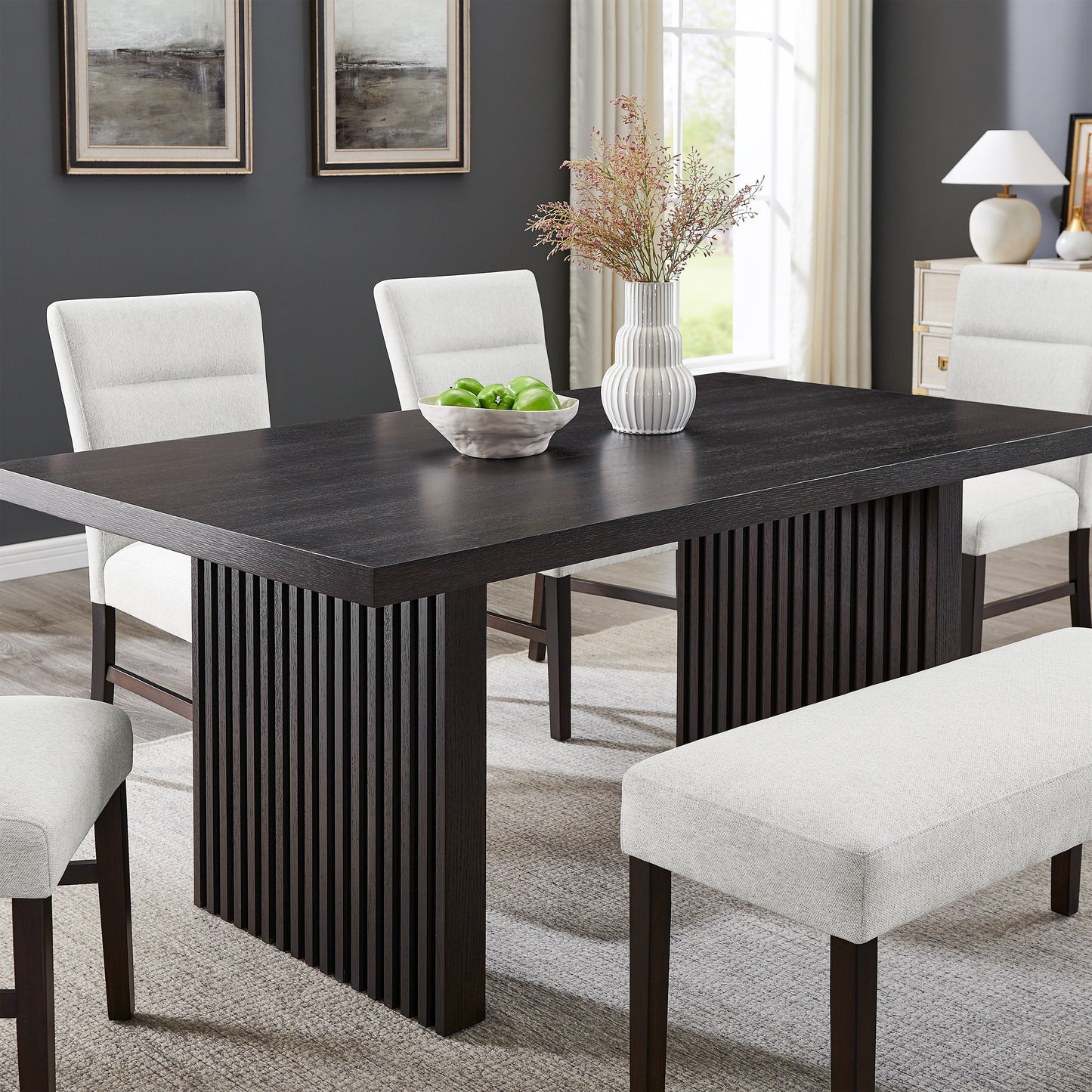 Roundhill Furniture Madison 5-Piece Dining Set, Slat-Fluted Dining Table with 4 Stylish Chairs, Gray