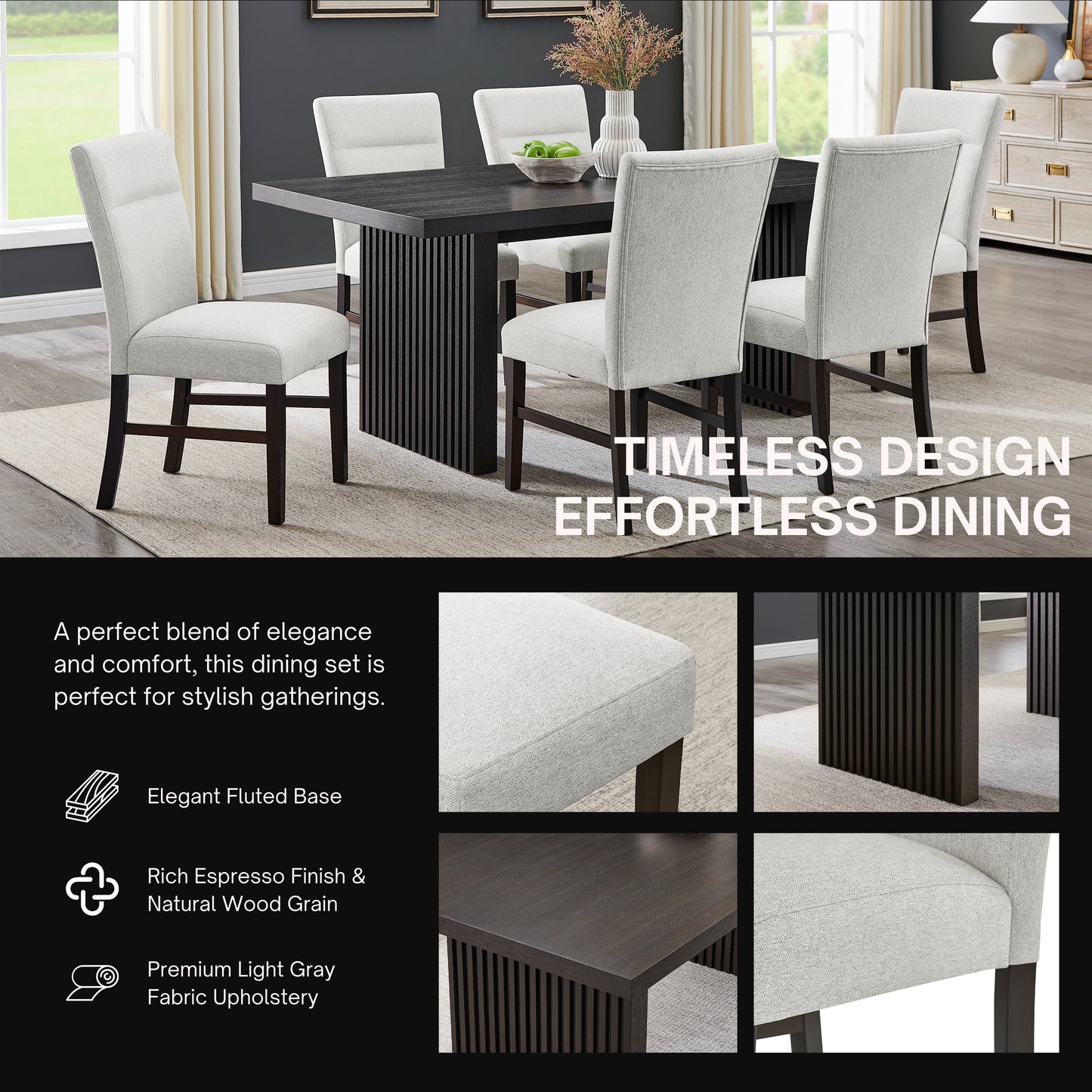 Roundhill Furniture Madison 7-Piece Dining Set, Slat-Fluted Dining Table with 6 Stylish Chairs, Gray