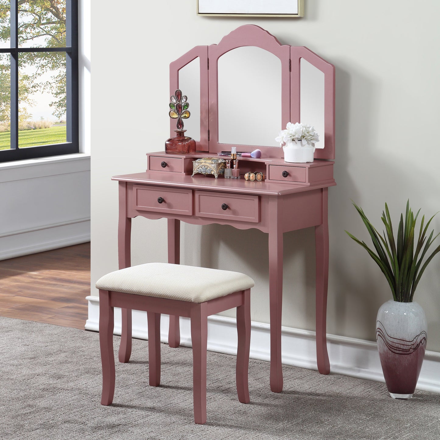 Roundhill Furniture Sanlo Wooden Make Up Table and Stool Set