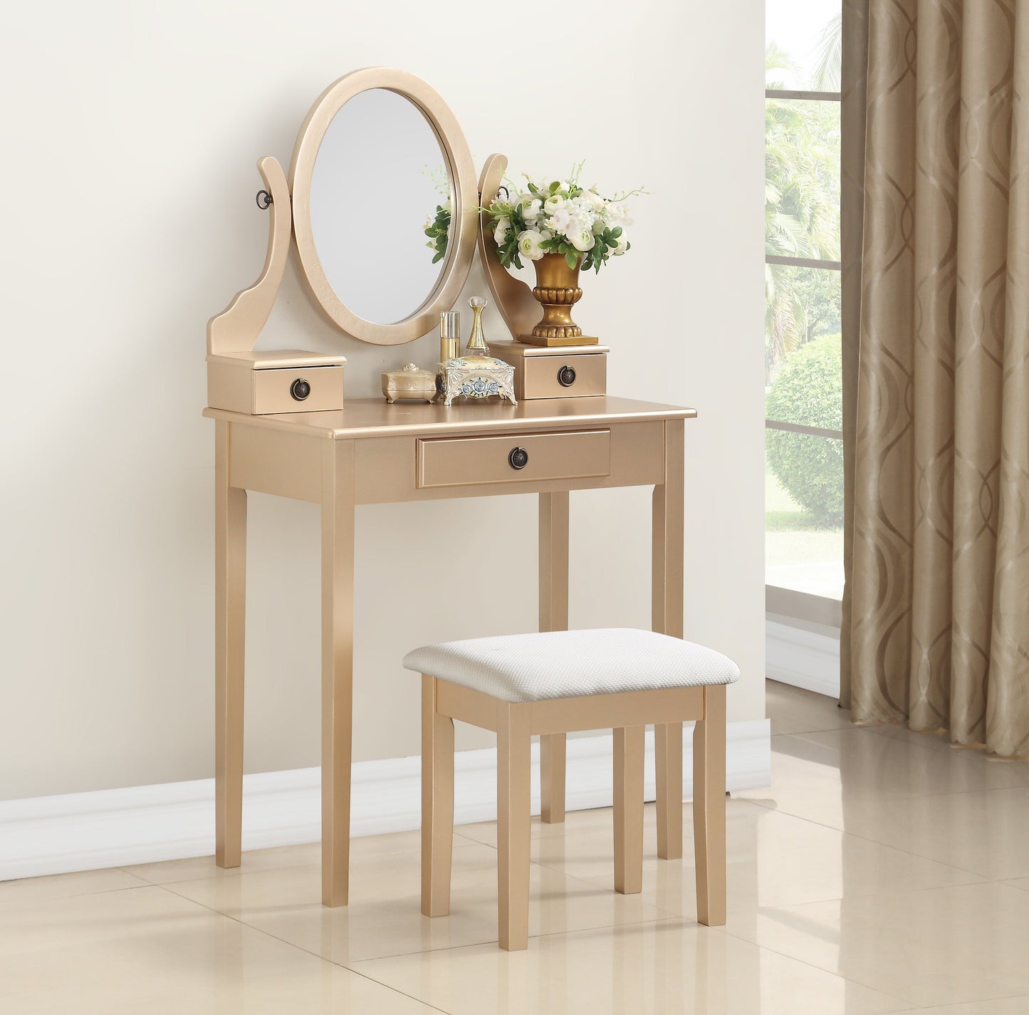 Roundhill Furniture Moniya Wood Makeup Vanity Table and Stool Set