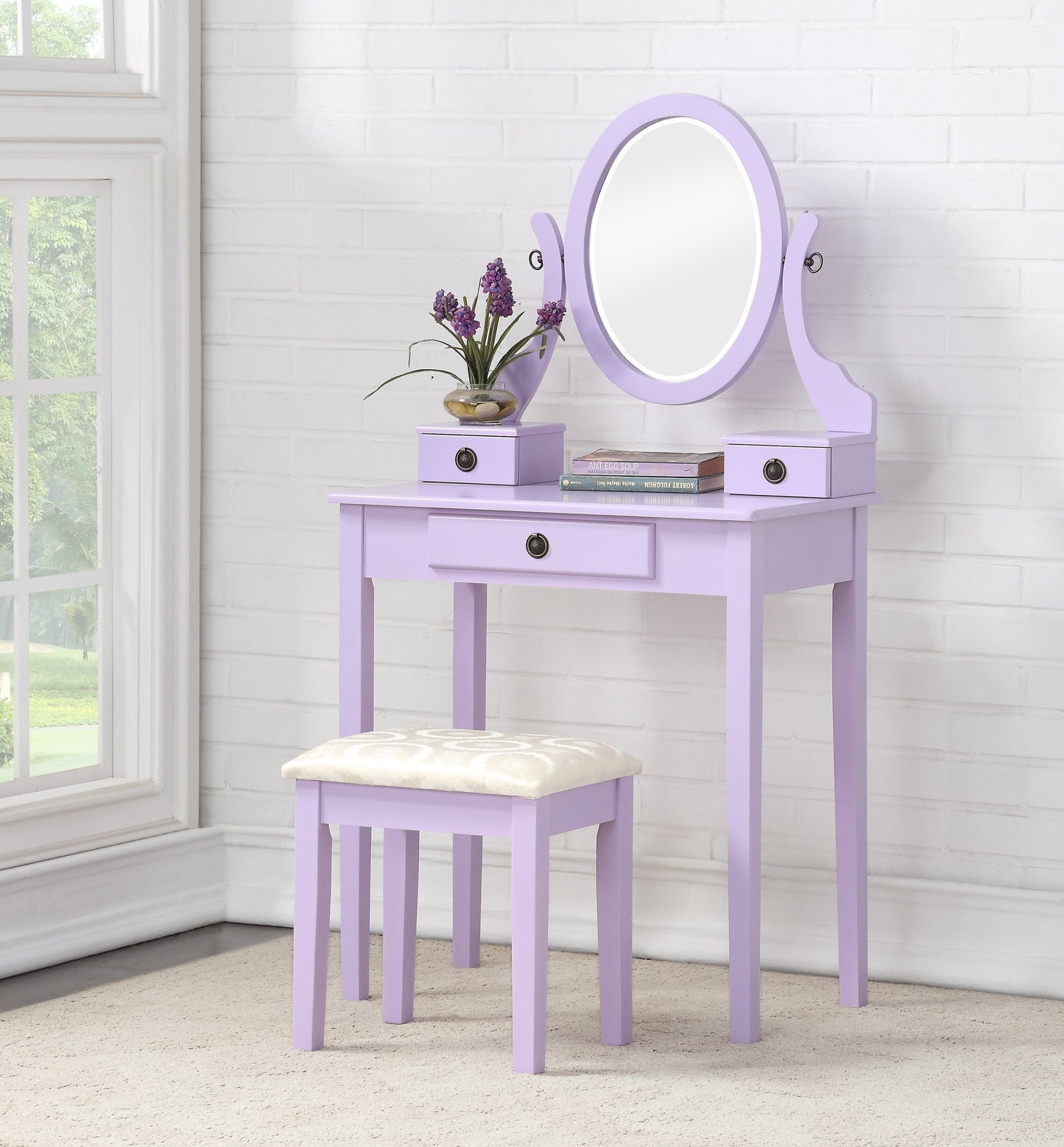 Roundhill Furniture Moniya Wood Makeup Vanity Table and Stool Set