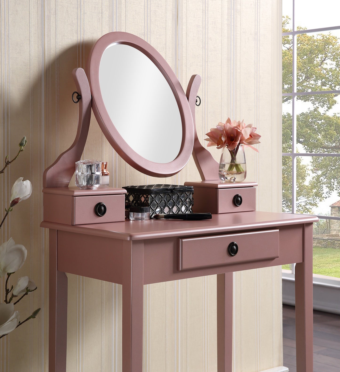 Roundhill Furniture Moniya Wood Makeup Vanity Table and Stool Set