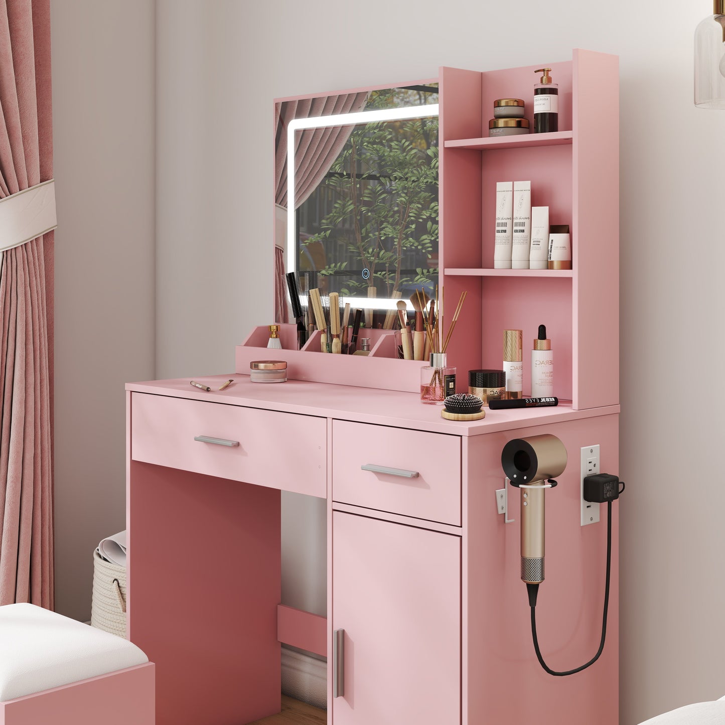 Roundhill Furniture Lavin Makeup Vanity Set, Vanity Desk with Stool, LED Light Mirror and Charging Station