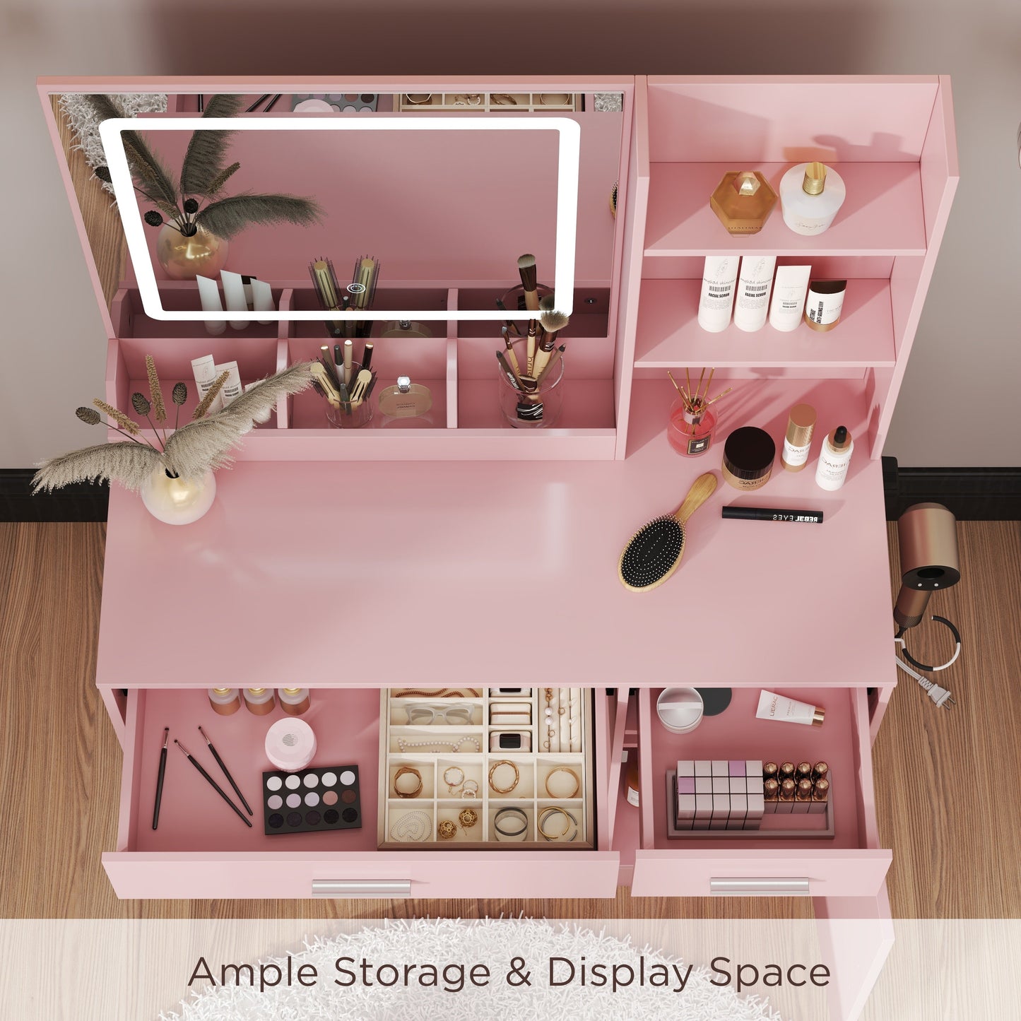 Roundhill Furniture Lavin Makeup Vanity Set, Vanity Desk with Stool, LED Light Mirror and Charging Station