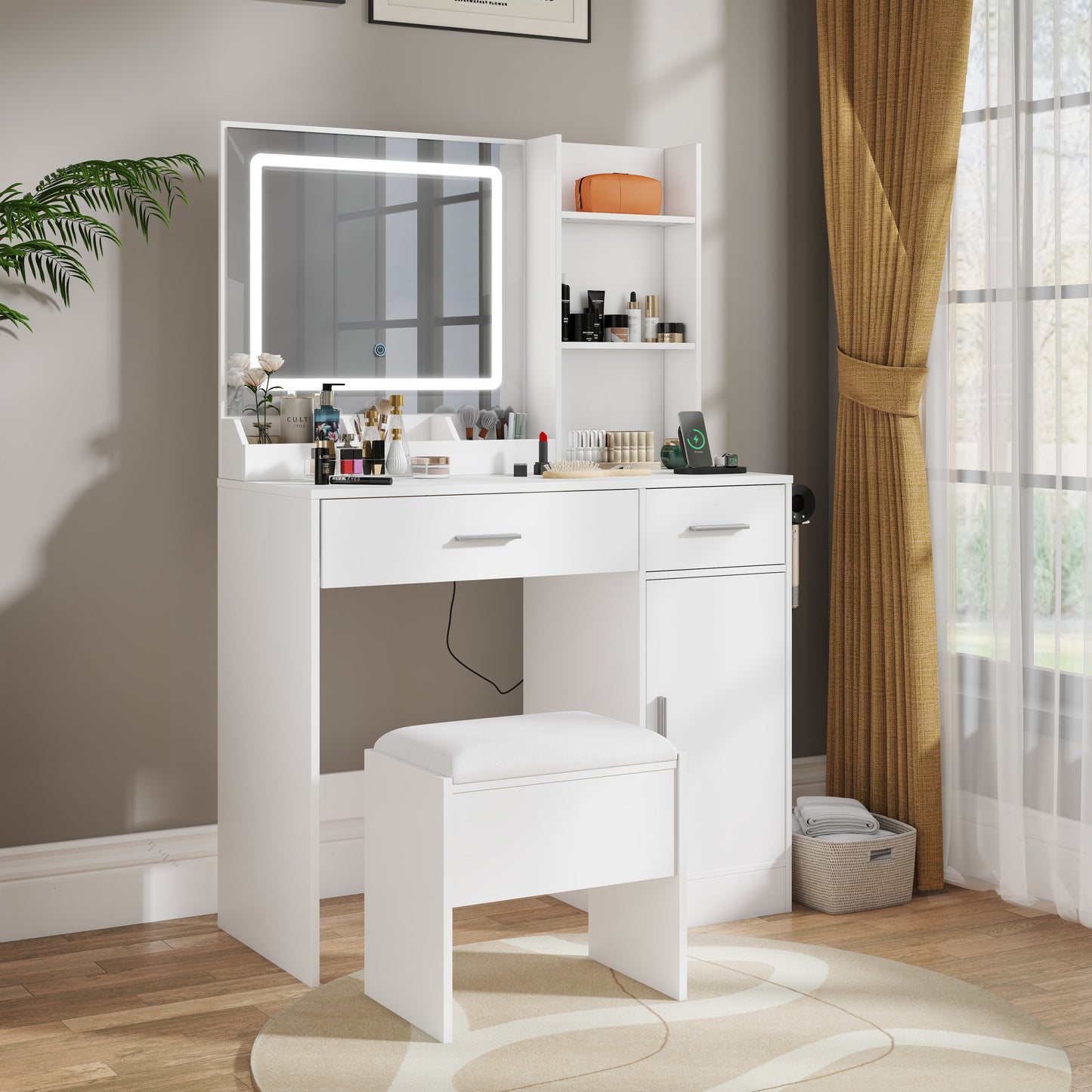 Roundhill Furniture Lavin Makeup Vanity Set, Vanity Desk with Stool, LED Light Mirror and Charging Station