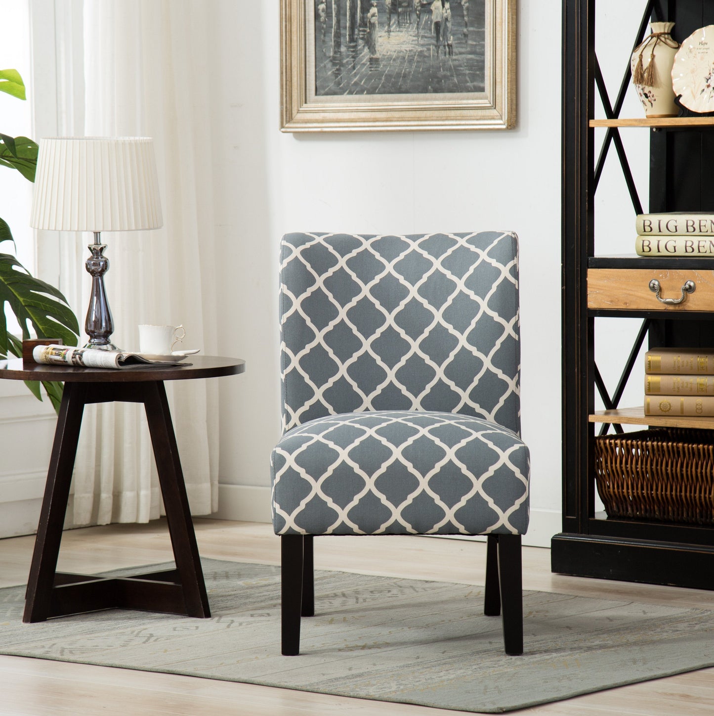 Capa Print Fabric Armless Contemporary Accent Chair, Grid