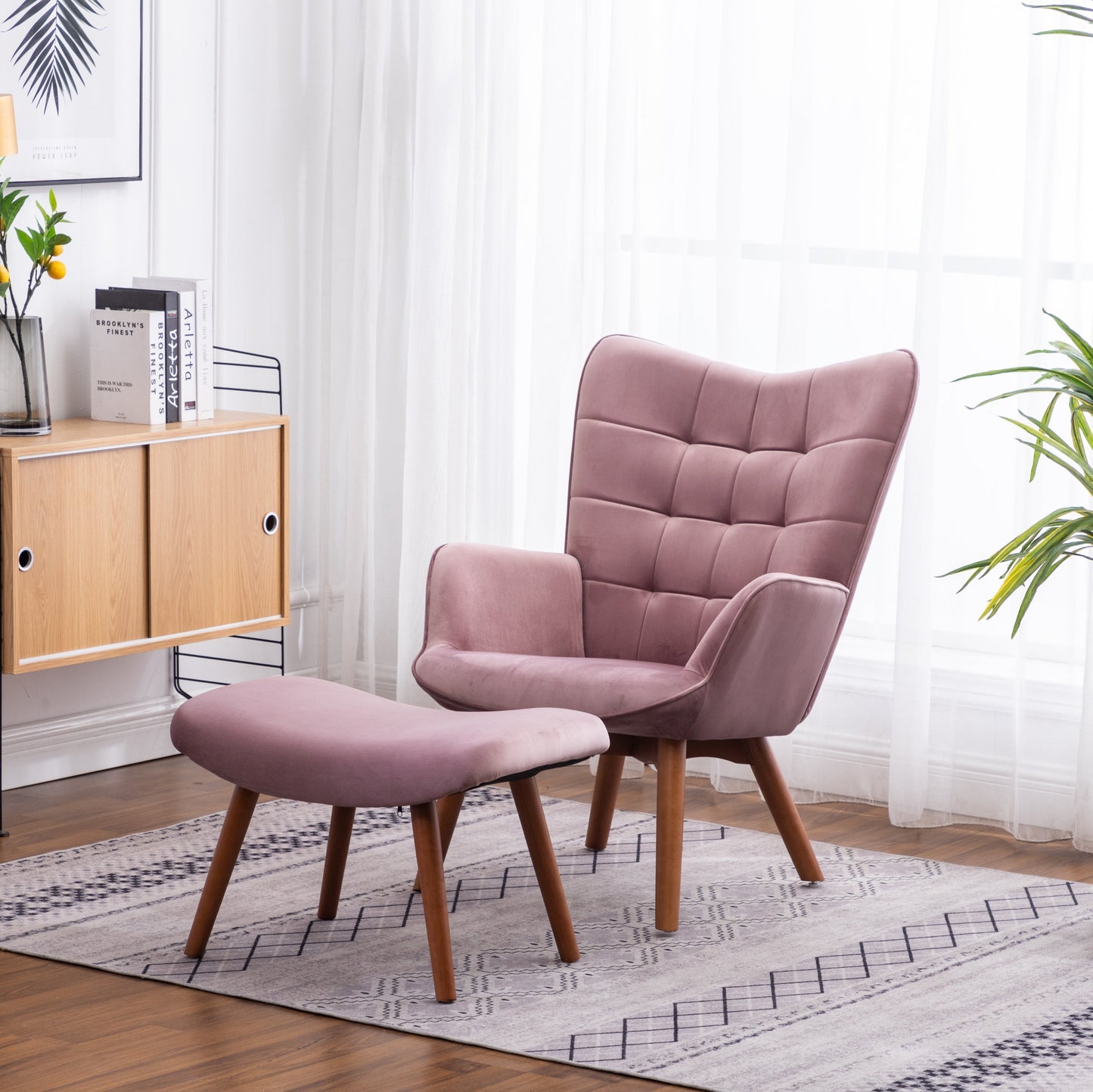 Roundhill Furniture Leiria Contemporary Silky Velvet Tufted Accent Chair with Ottoman