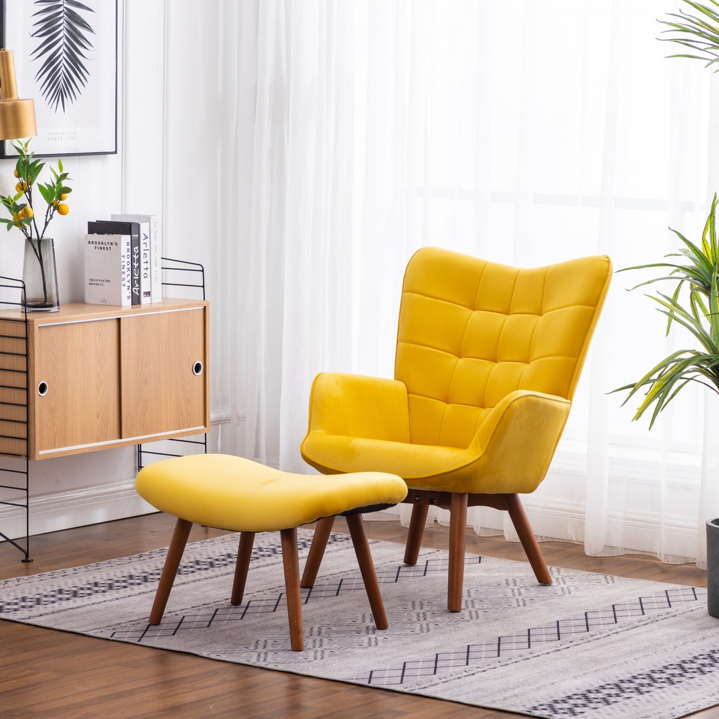 Roundhill Furniture Leiria Contemporary Silky Velvet Tufted Accent Chair with Ottoman