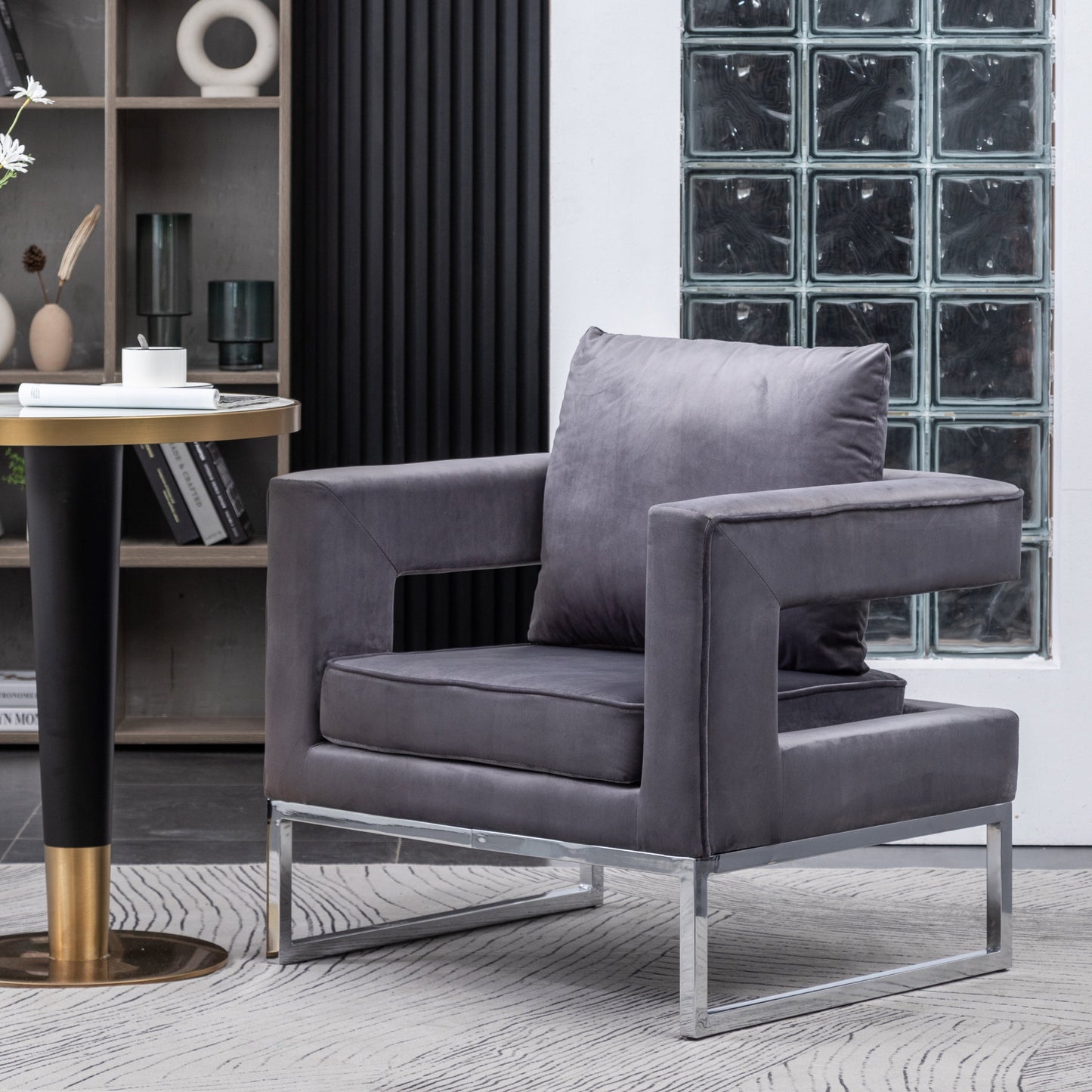 Lenola Contemporary Upholstered Accent Arm Chair, Chrome Base, Gray