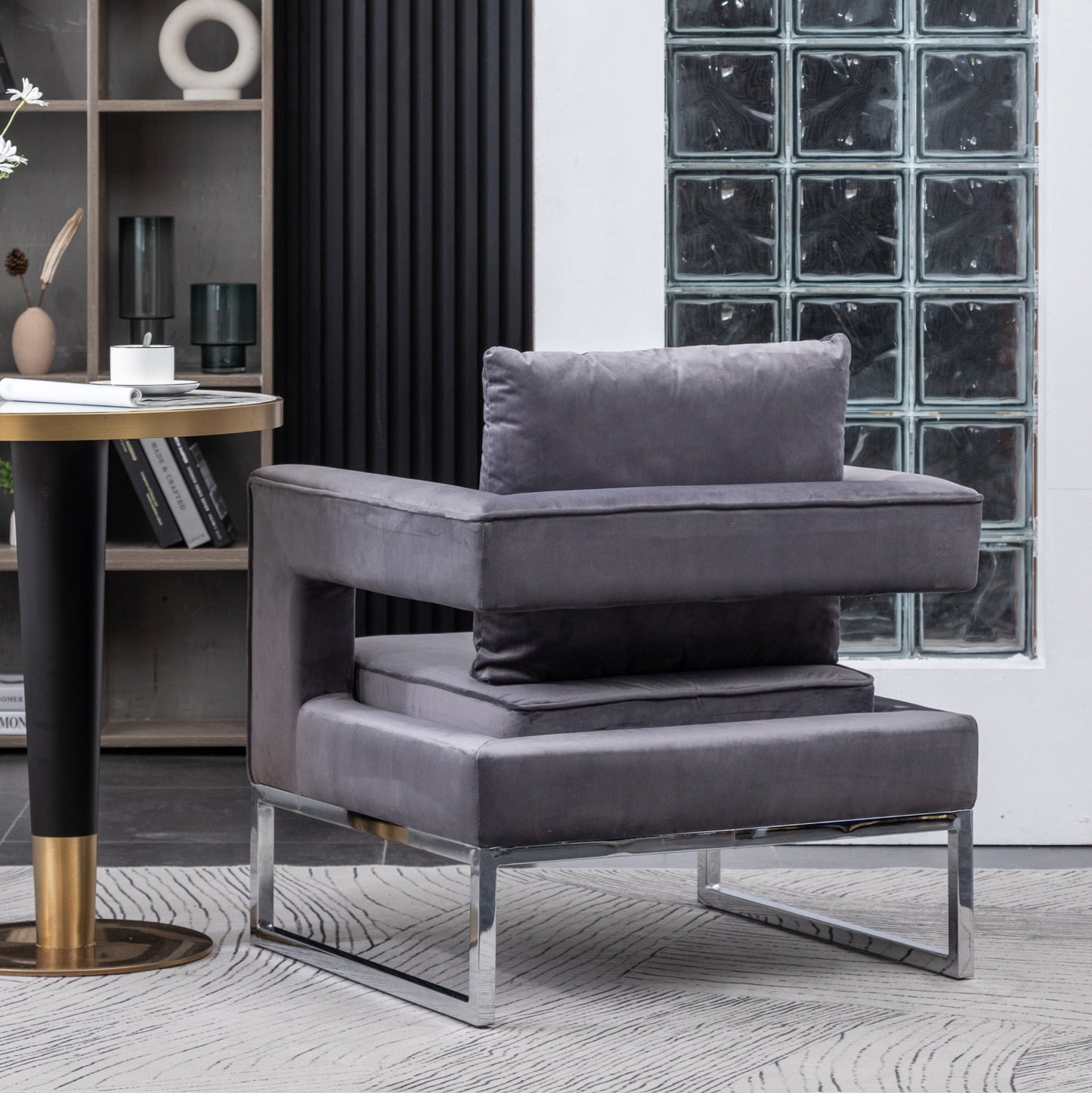 Lenola Contemporary Upholstered Accent Arm Chair, Chrome Base, Gray