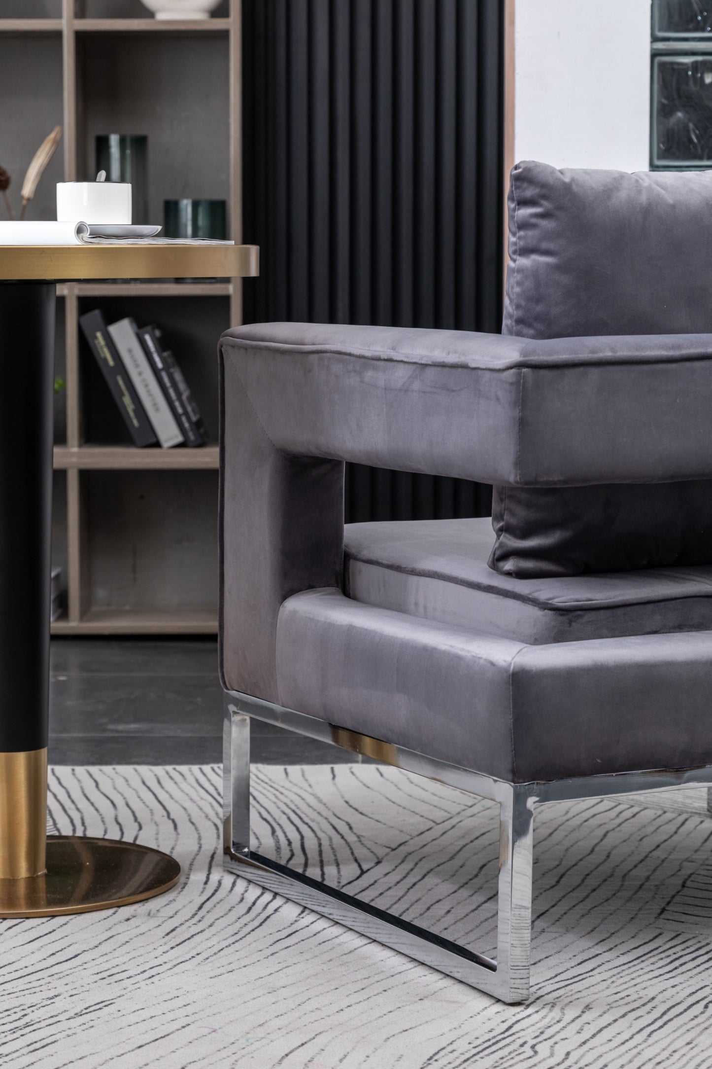 Lenola Contemporary Upholstered Accent Arm Chair, Chrome Base, Gray