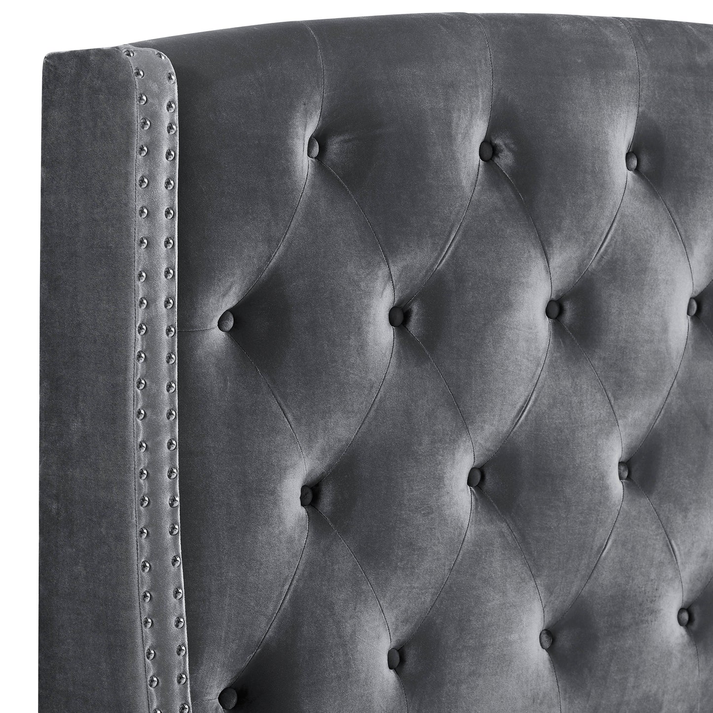 Summit Wingback Tufted Upholstered Bed with Nailhead in Gray