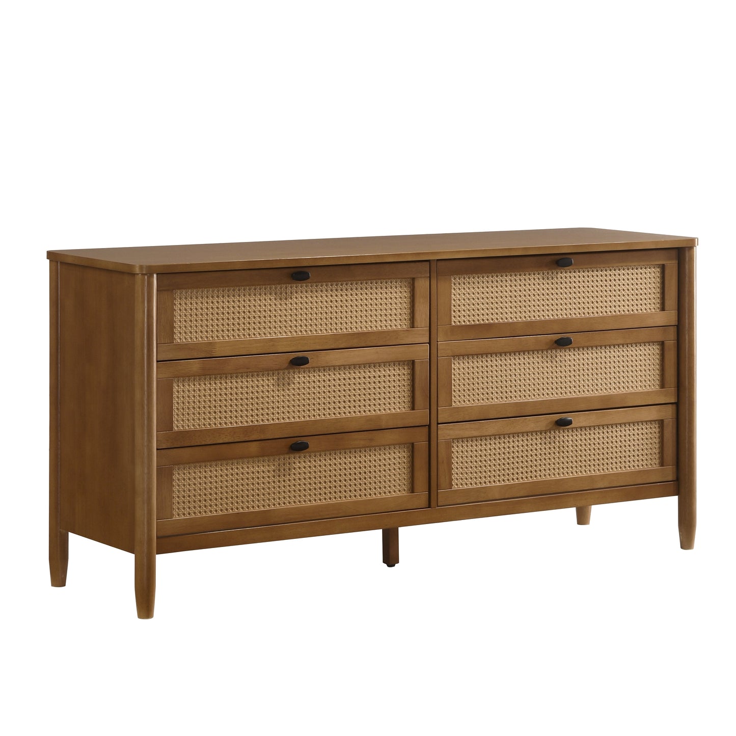 Roundhill Furniture Vichy Wood and Rattan 6-Drawer Dresser with Mirror