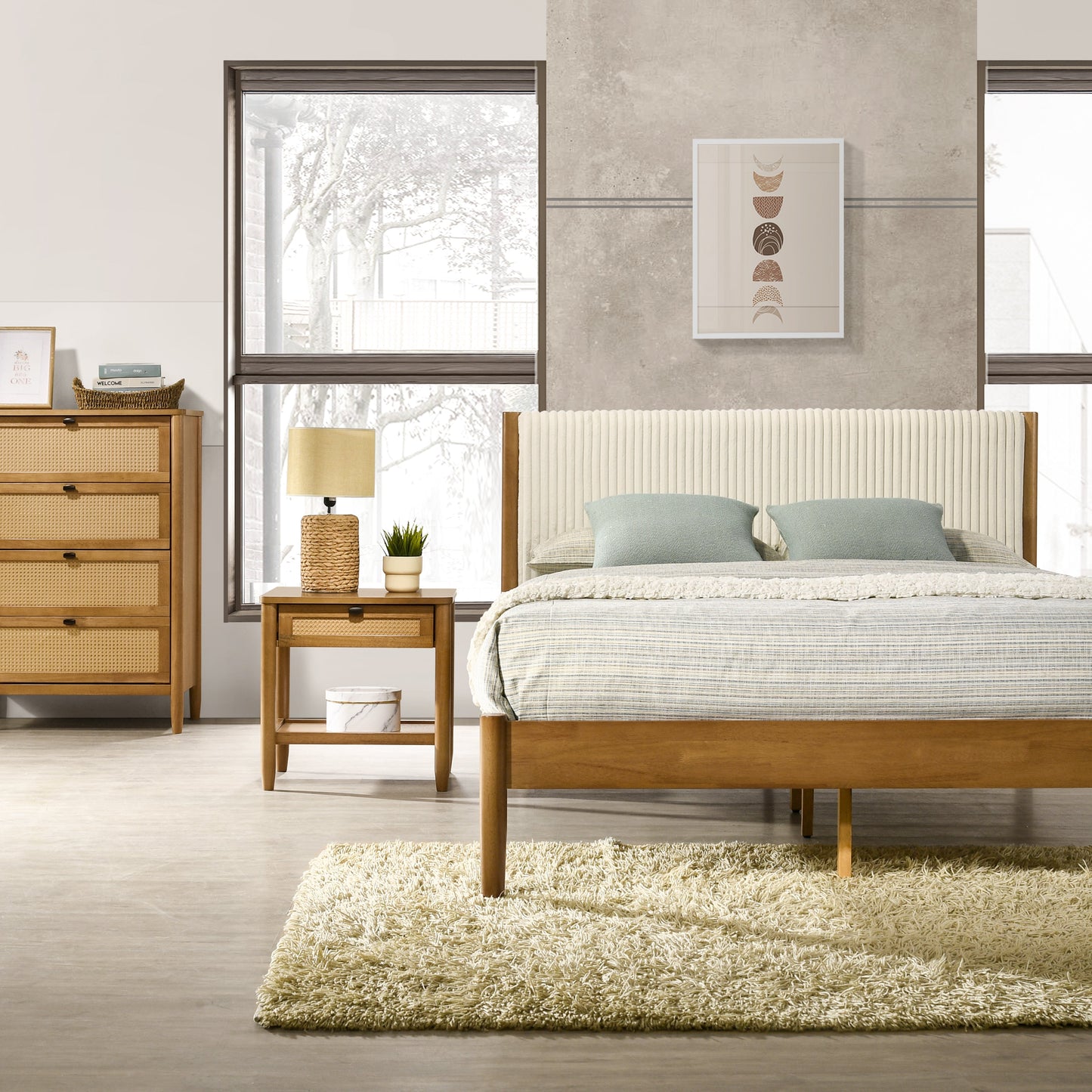 Roundhill Furniture Vichy 5-Piece Rubberwood Bedroom Set with Upholstered Queen Bed, Dresser, Mirror, Nightstand, and Chest