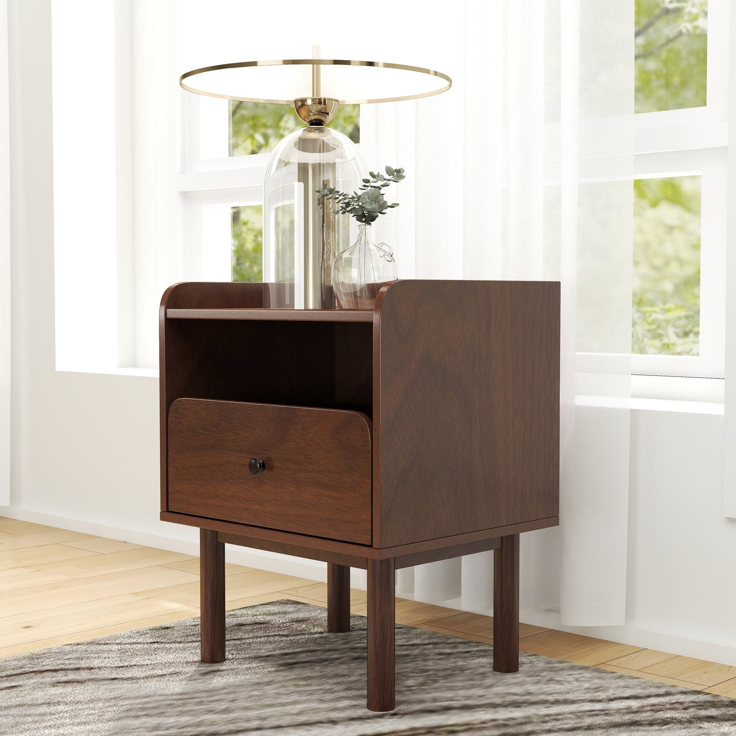 Roundhill Furniture Wyller Dual-tier Storage Nightstand, Side Table, Natural Walnut Finish