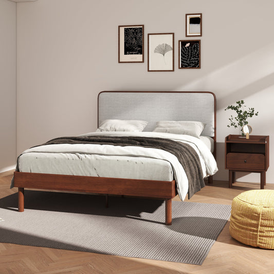 Roundhill Furniture Wyller 2-Piece Bedroom Set, Platform Bed with Nightstand, Natural Walnut, Queen