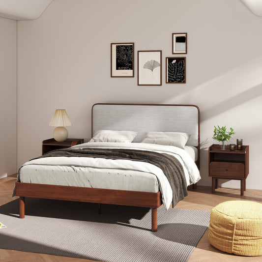Roundhill Furniture Wyller 3-Piece Bedroom Set, Platform Bed with Two Nightstands, Natural Walnut, Queen