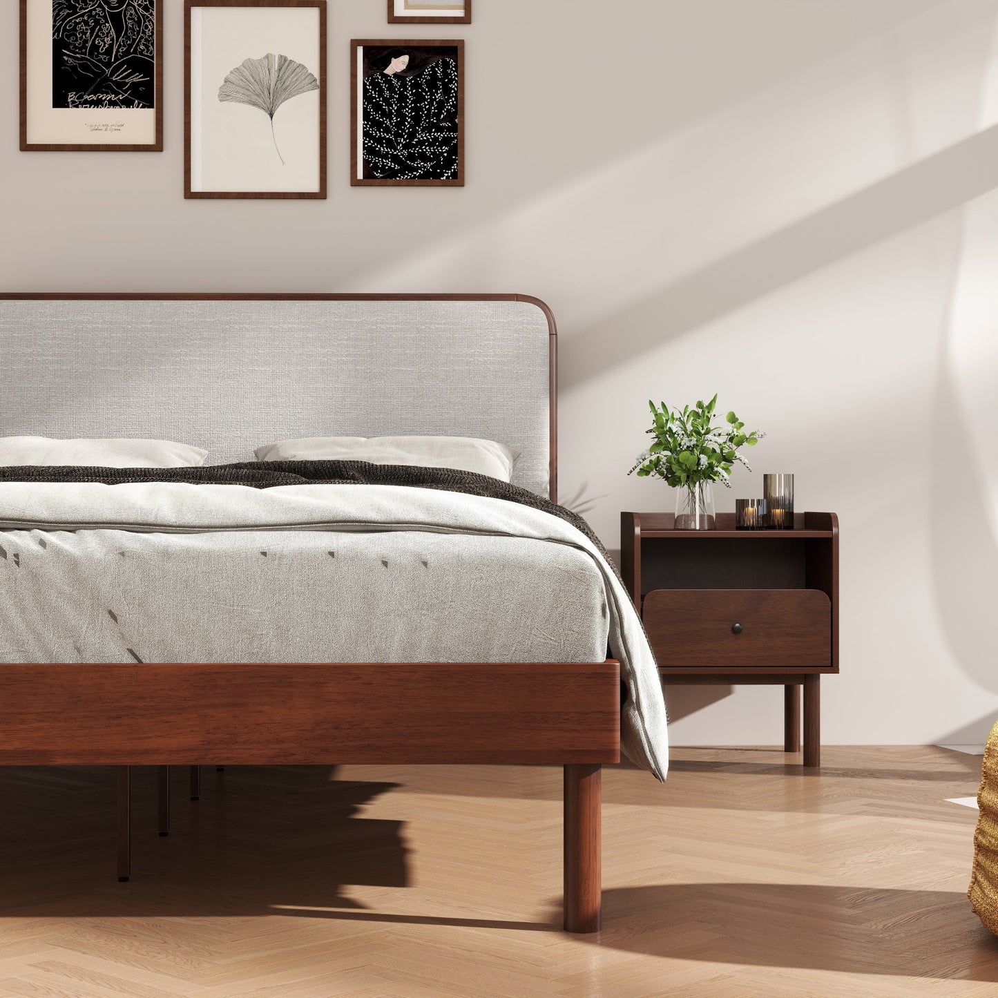Roundhill Furniture Wyller 3-Piece Bedroom Set, Platform Bed with Two Nightstands, Natural Walnut, Queen