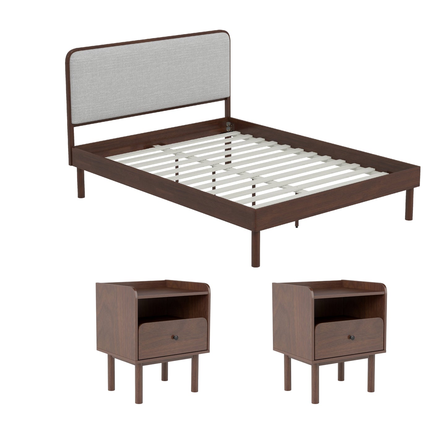 Roundhill Furniture Wyller 3-Piece Bedroom Set, Platform Bed with Two Nightstands, Natural Walnut, Queen