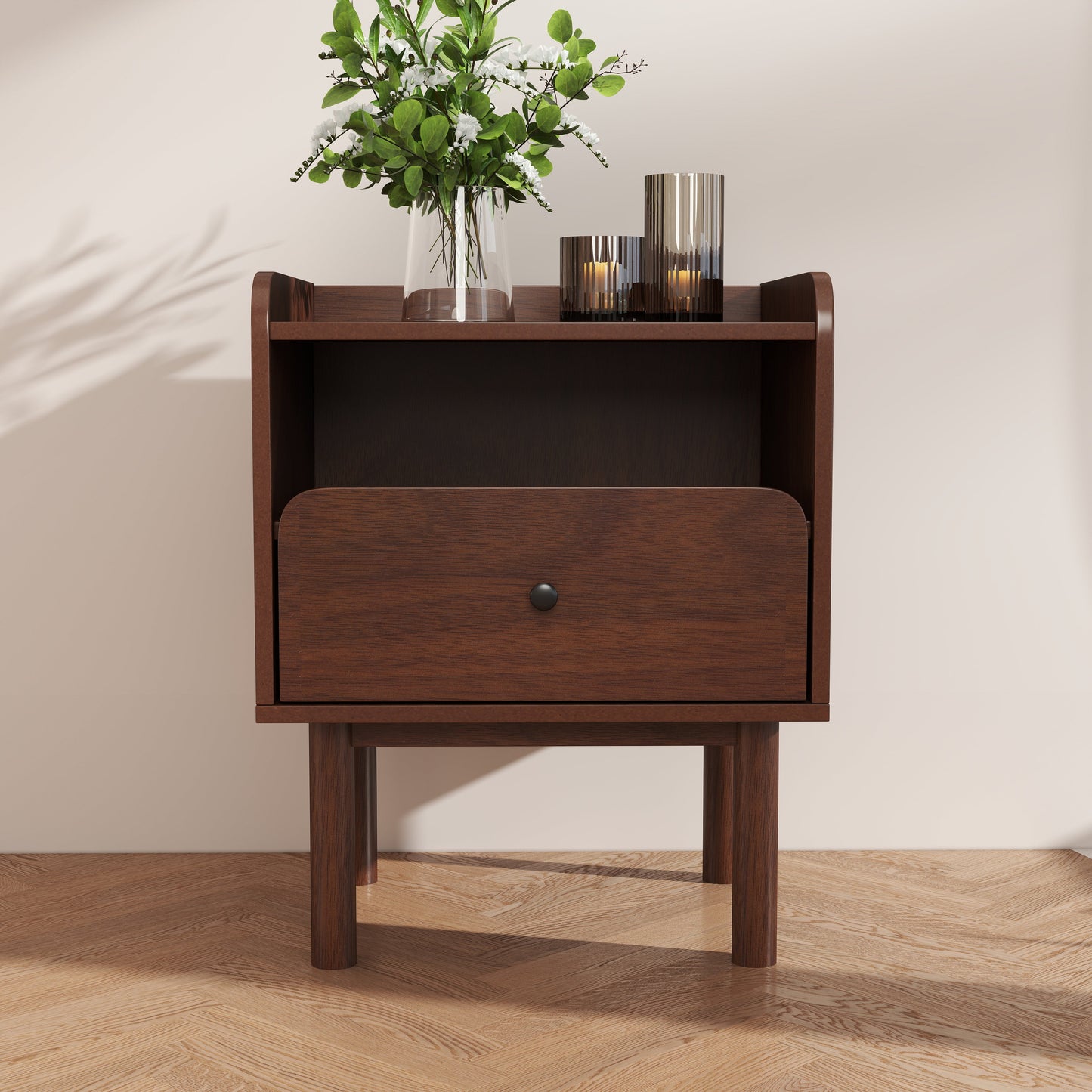 Roundhill Furniture Wyller 2-Piece Bedroom Set, Platform Bed with Nightstand, Natural Walnut, Queen