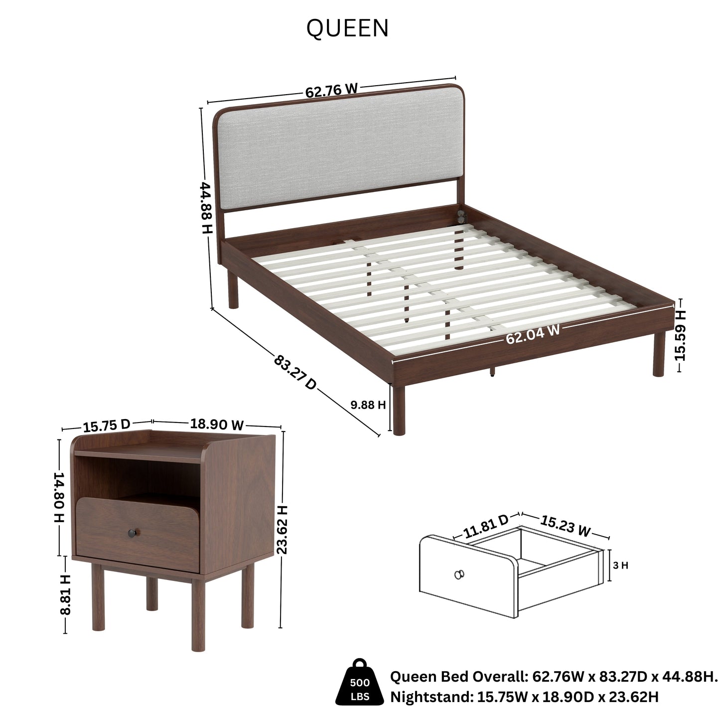 Roundhill Furniture Wyller 2-Piece Bedroom Set, Platform Bed with Nightstand, Natural Walnut, Queen