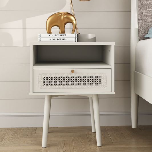 Roundhill Furniture Feeney Dual-tier Storage Nightstand, Side Table, Cream White
