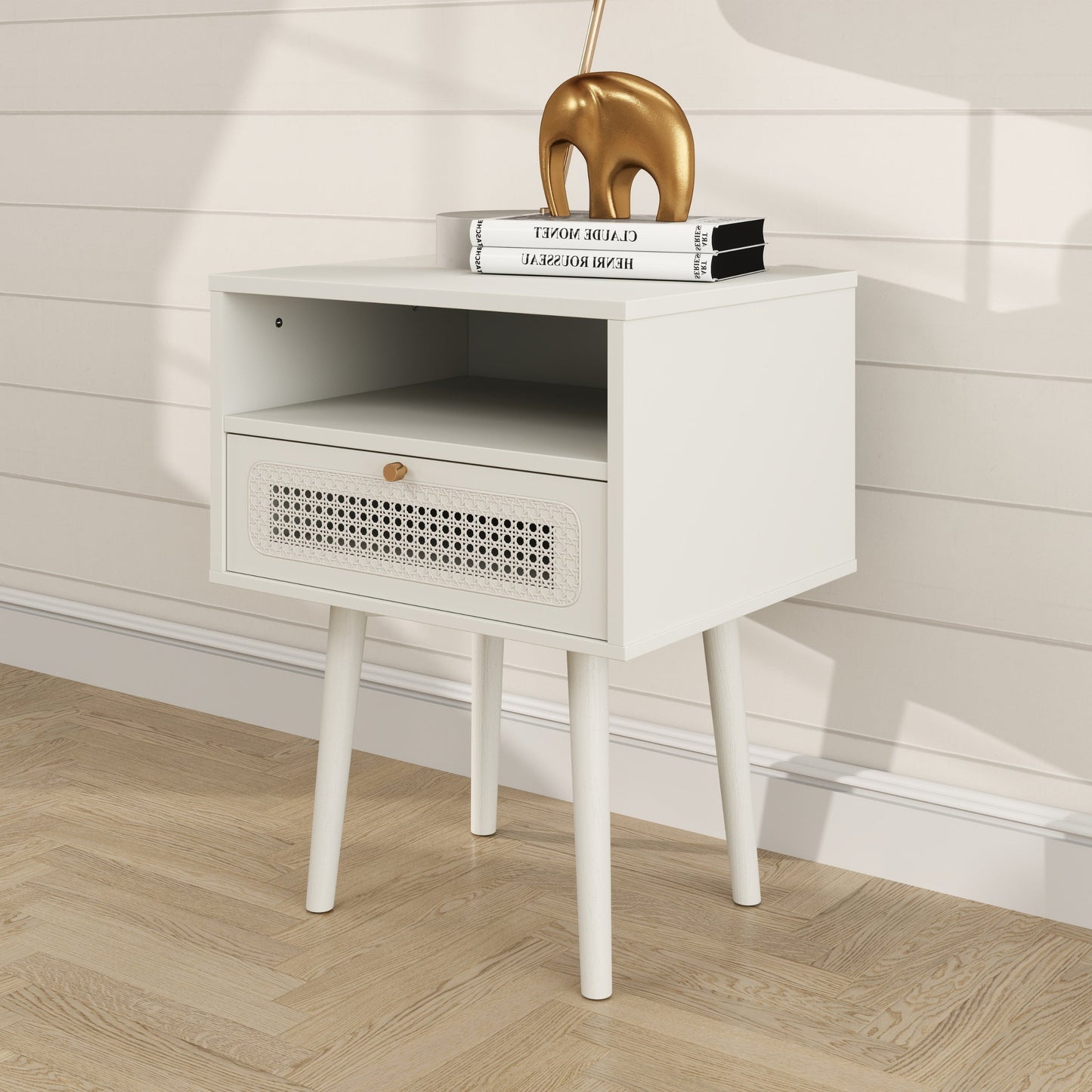 Roundhill Furniture Feeney Dual-tier Storage Nightstand, Side Table, Cream White