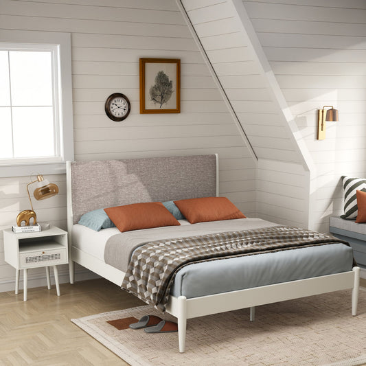 Roundhill Furniture Feeney 2-Piece Bedroom Set, Platform Bed with Nightstand, Cream White, Queen