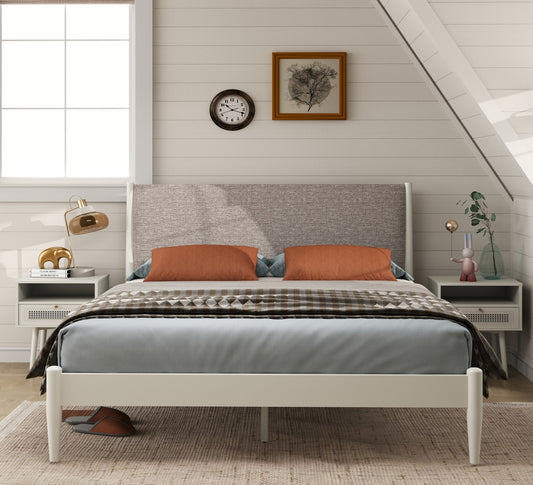 Roundhill Furniture Feeney 3-Piece Bedroom Set, Platform Bed with Two Nightstands, Cream White, Queen