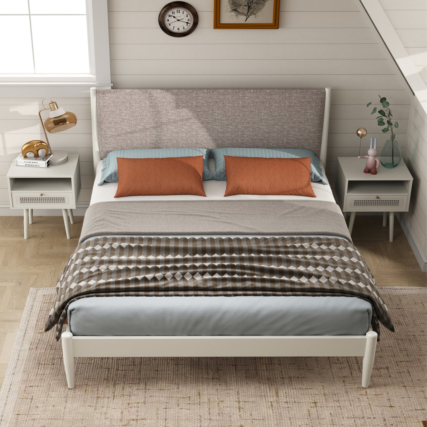 Roundhill Furniture Feeney 3-Piece Bedroom Set, Platform Bed with Two Nightstands, Cream White, Queen