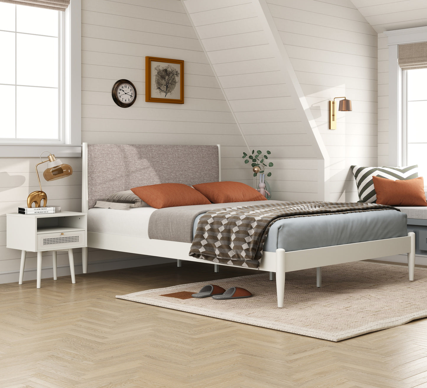 Roundhill Furniture Feeney 3-Piece Bedroom Set, Platform Bed with Two Nightstands, Cream White, Queen