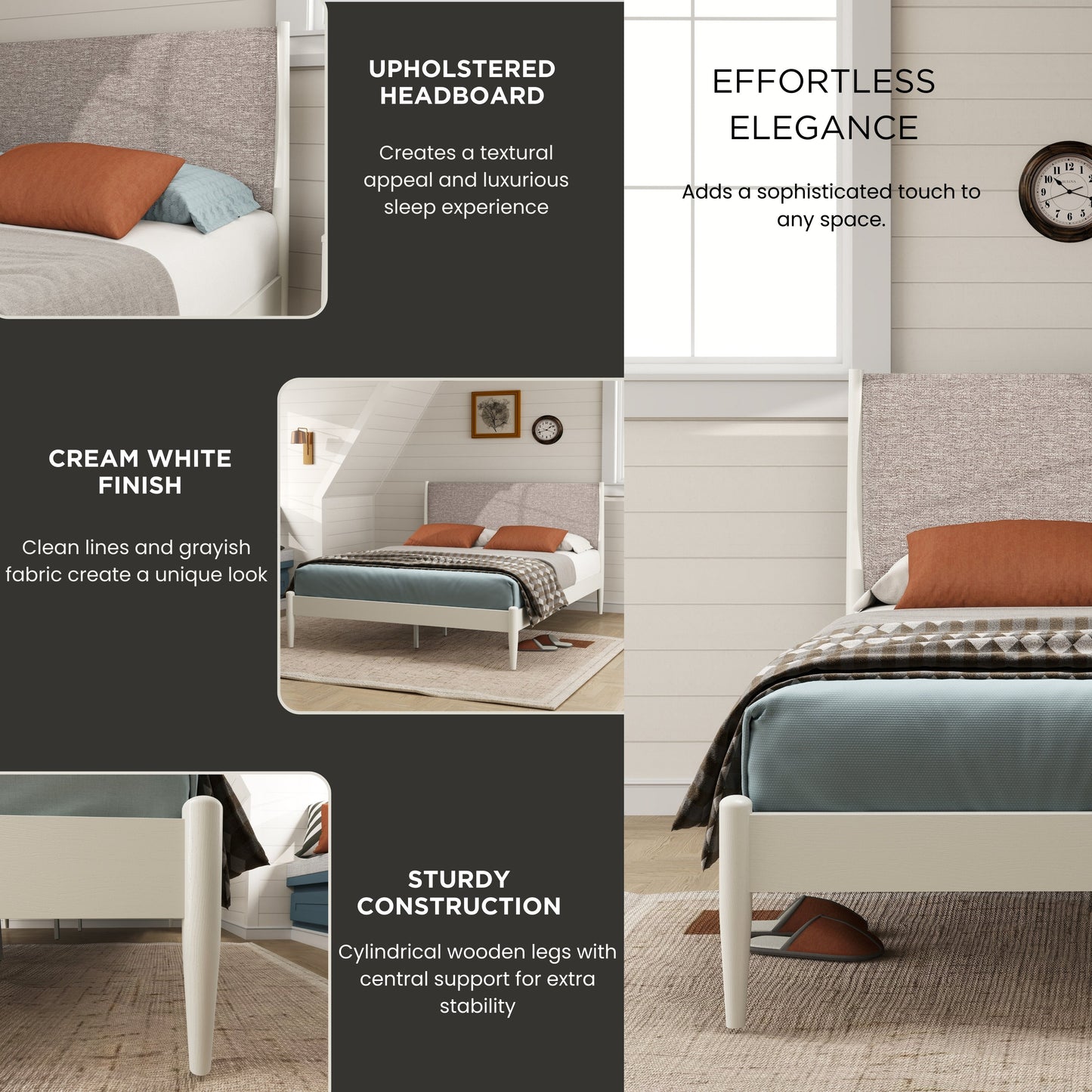 Roundhill Furniture Feeney 3-Piece Bedroom Set, Platform Bed with Two Nightstands, Cream White, Queen