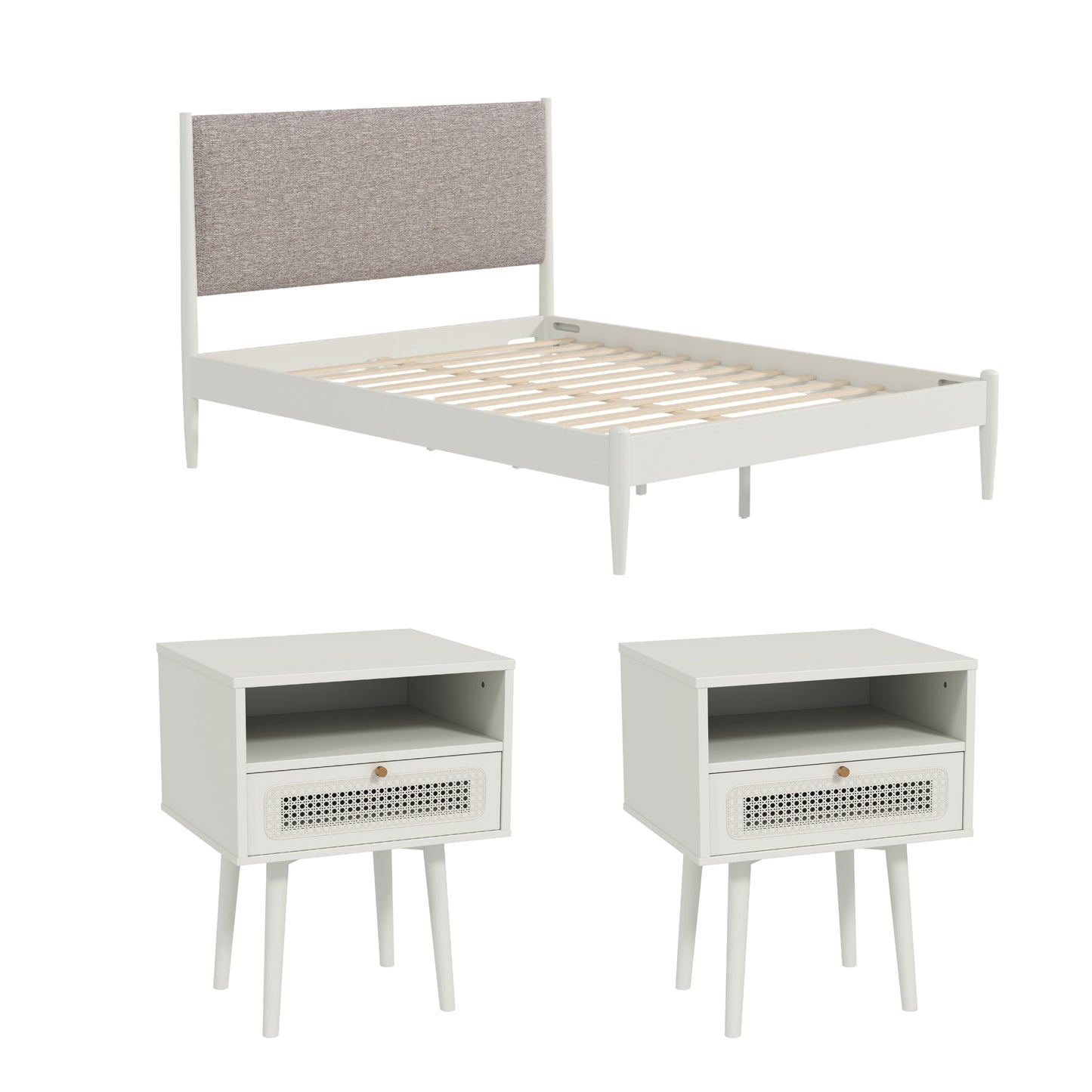 Roundhill Furniture Feeney 3-Piece Bedroom Set, Platform Bed with Two Nightstands, Cream White, Queen