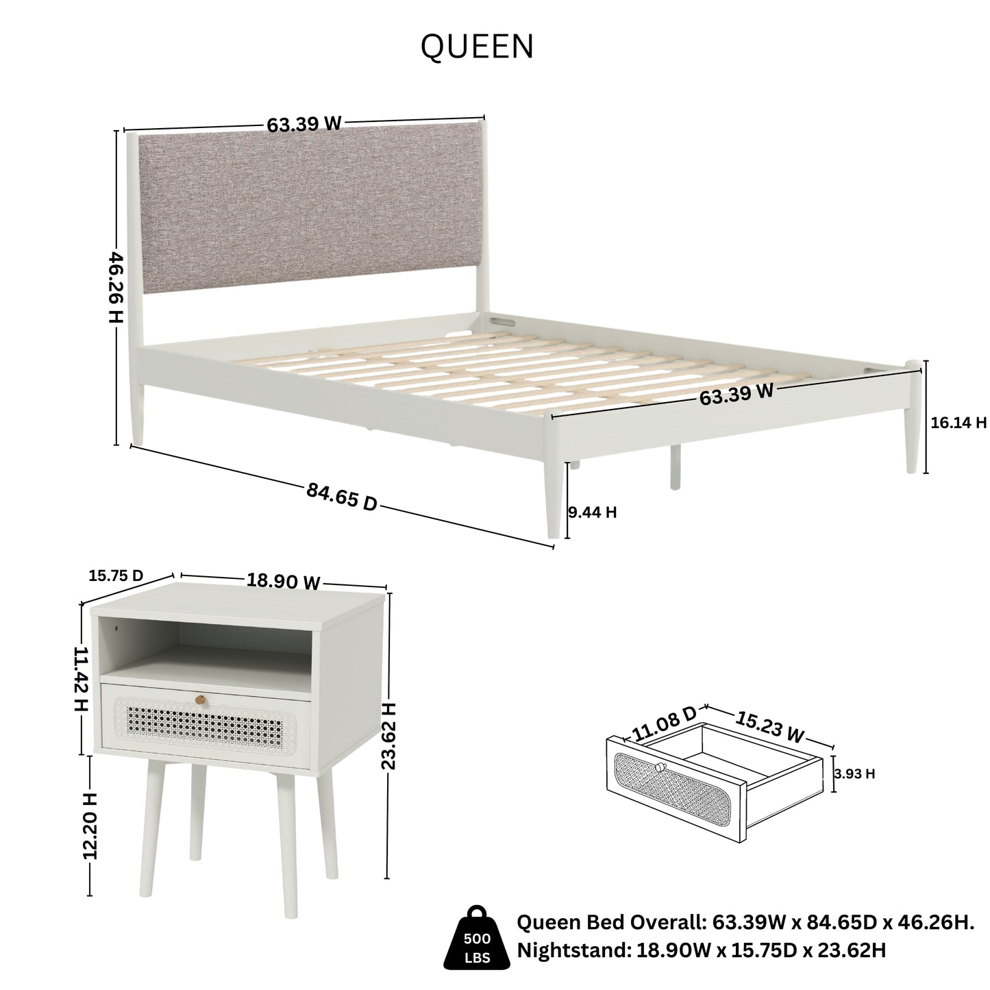 Roundhill Furniture Feeney 3-Piece Bedroom Set, Platform Bed with Two Nightstands, Cream White, Queen