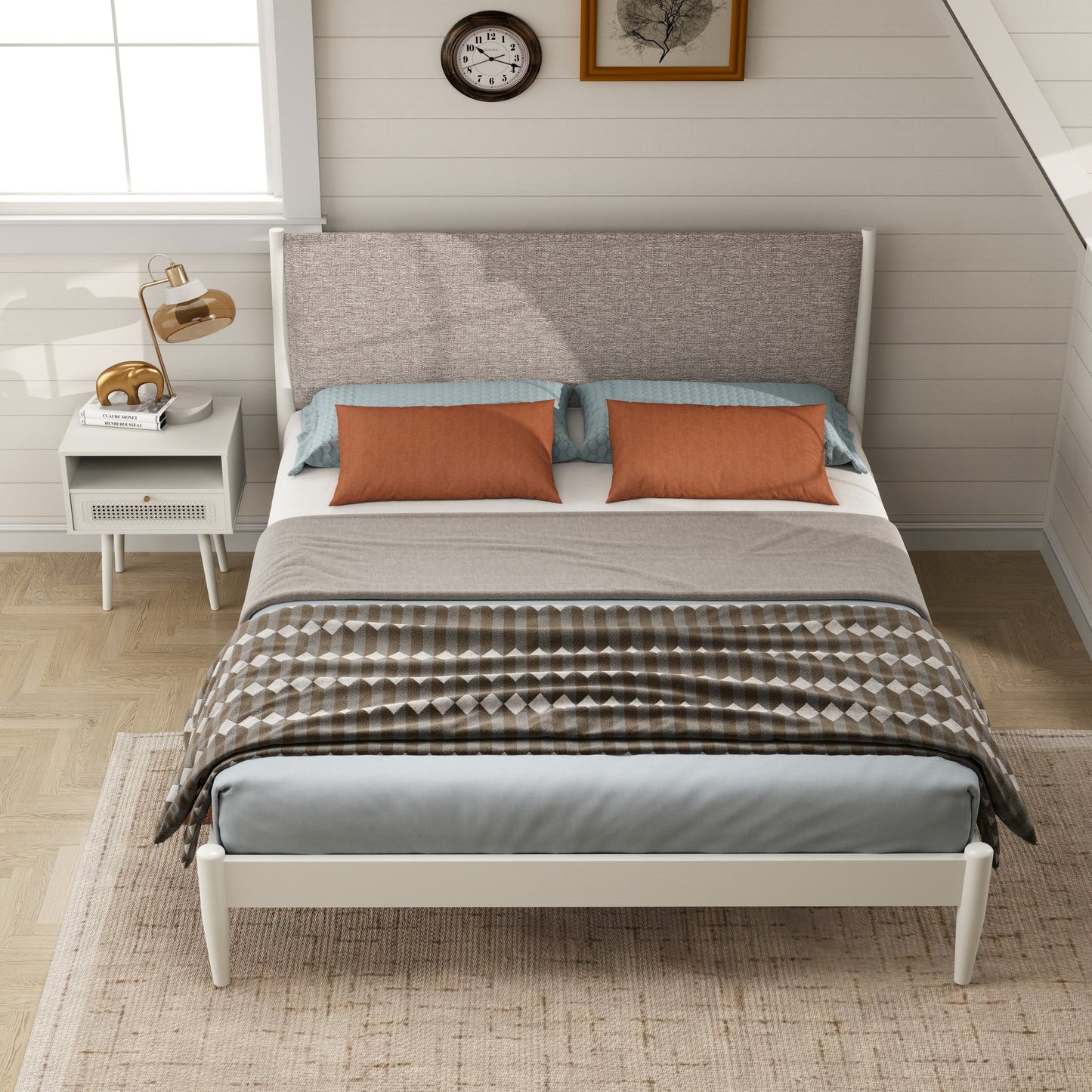 Roundhill Furniture Feeney 2-Piece Bedroom Set, Platform Bed with Nightstand, Cream White, Queen