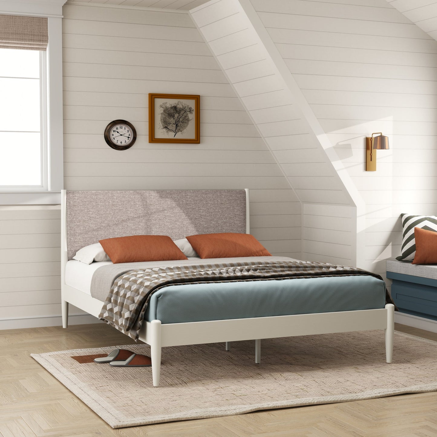 Roundhill Furniture Feeney 2-Piece Bedroom Set, Platform Bed with Nightstand, Cream White, Queen
