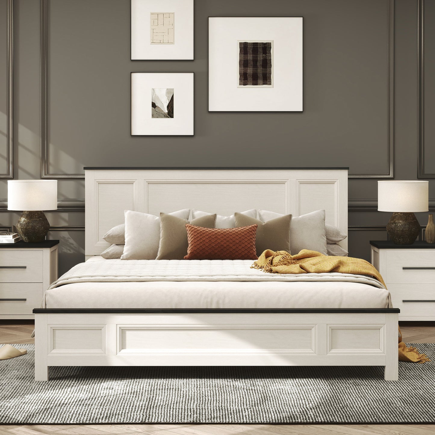 Roundhill Furniture Realynn Panel Bed, Off-White Finish