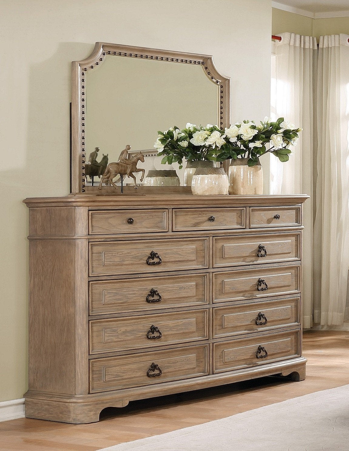 Piraeus 296 11 Drawers White Wash  Dresser and NailHead Trim Mirror