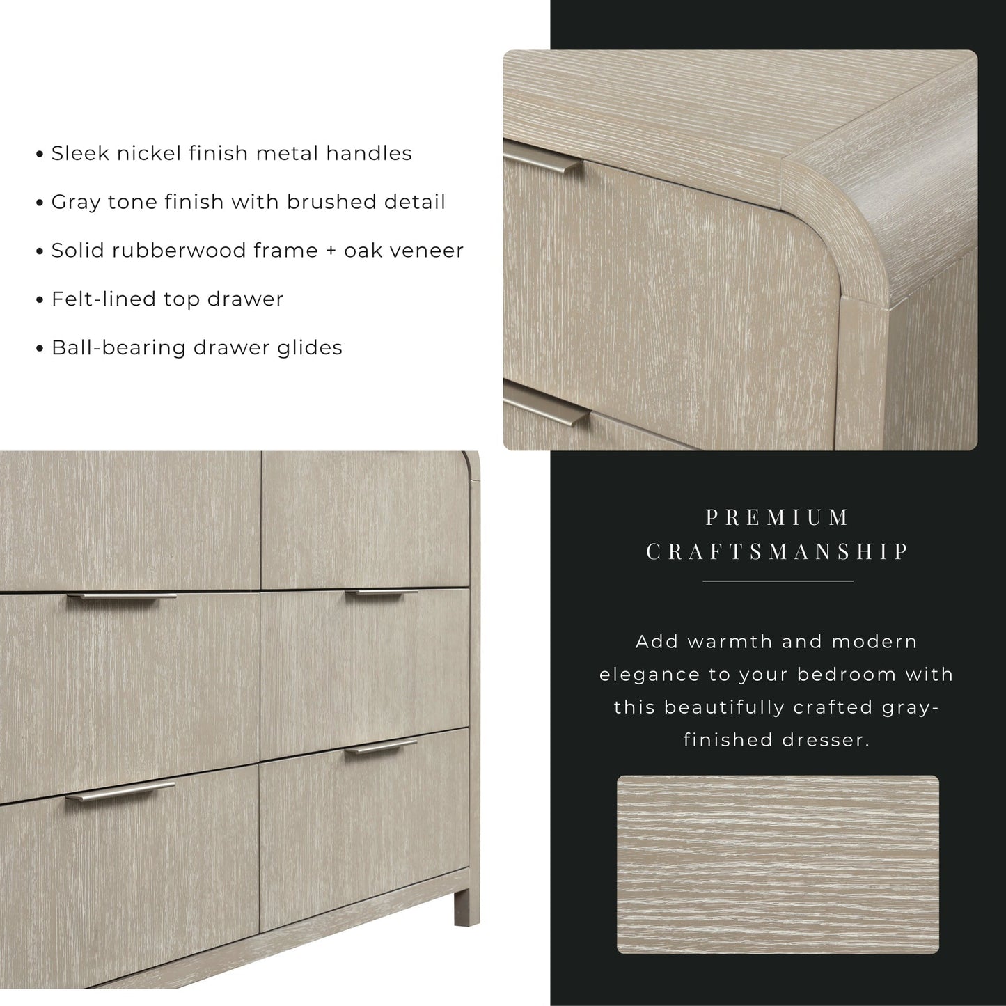 Roundhill Furniture Tavari Contemporary 6-Drawer Wood Dresser with Mirror, Light Gray