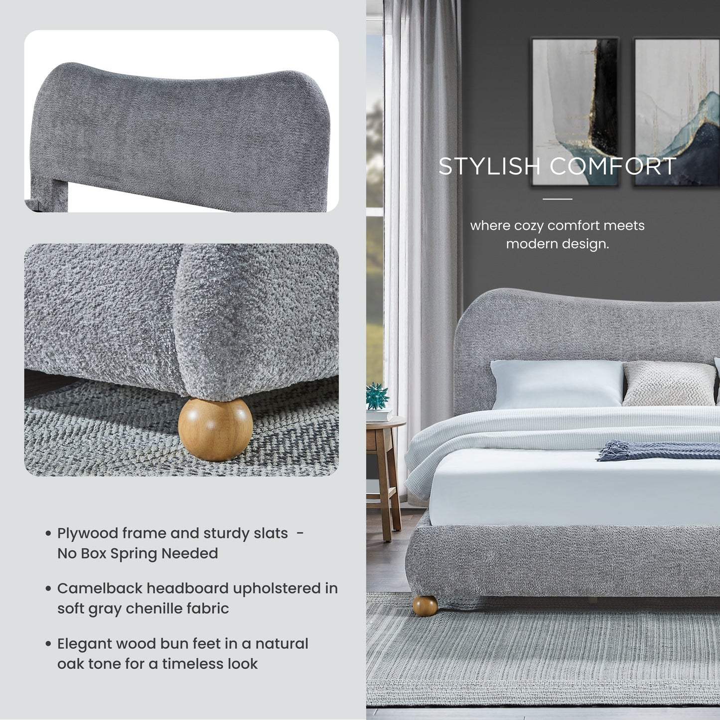 Roundhill Furniture Lunara Gray Upholstered Platform Bed with Bun Feet