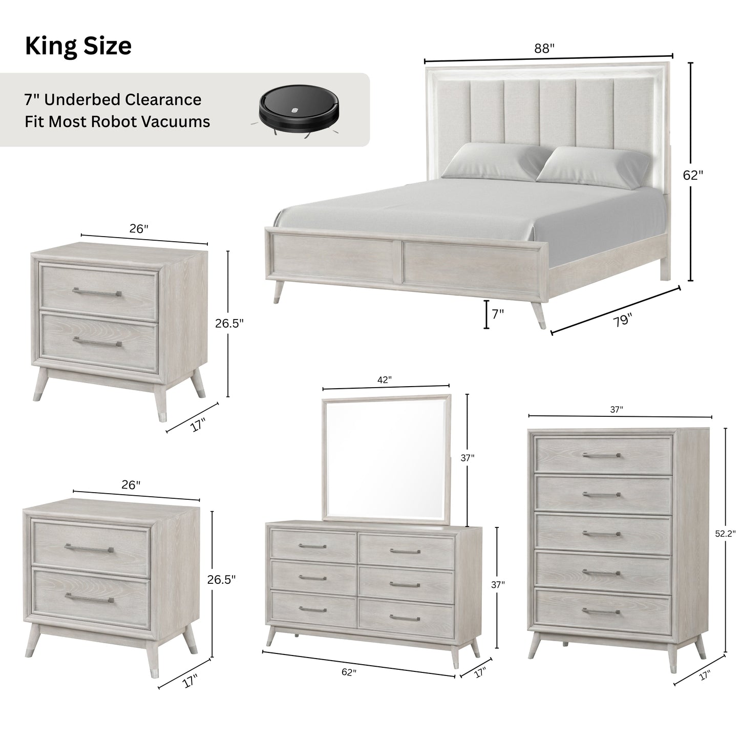 Roundhill Furniture Seluna Contemporary Bedroom Collection with Touch LED Lighting, Gray Oak Finish
