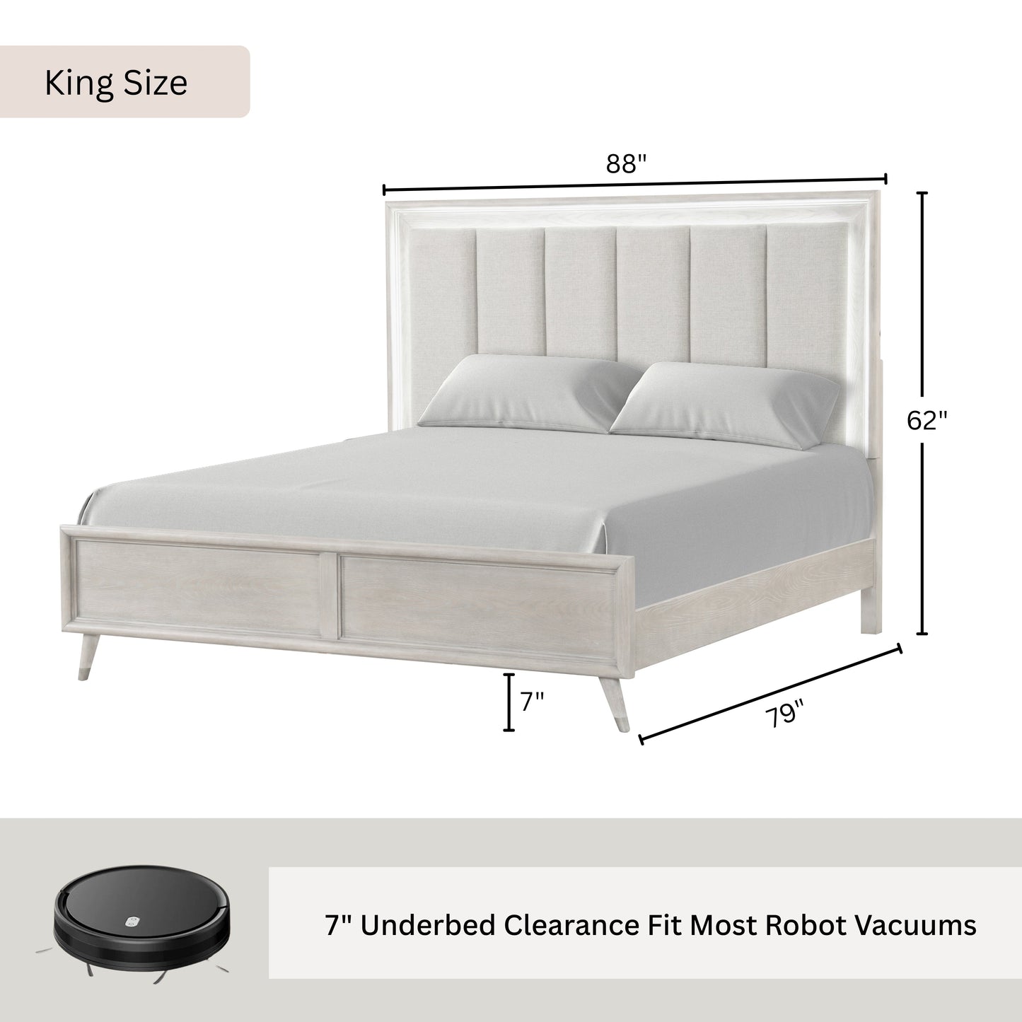 Roundhill Furniture Seluna LED Lighting Panel Bed, Upholstered Headbord, Gray Oak Finish