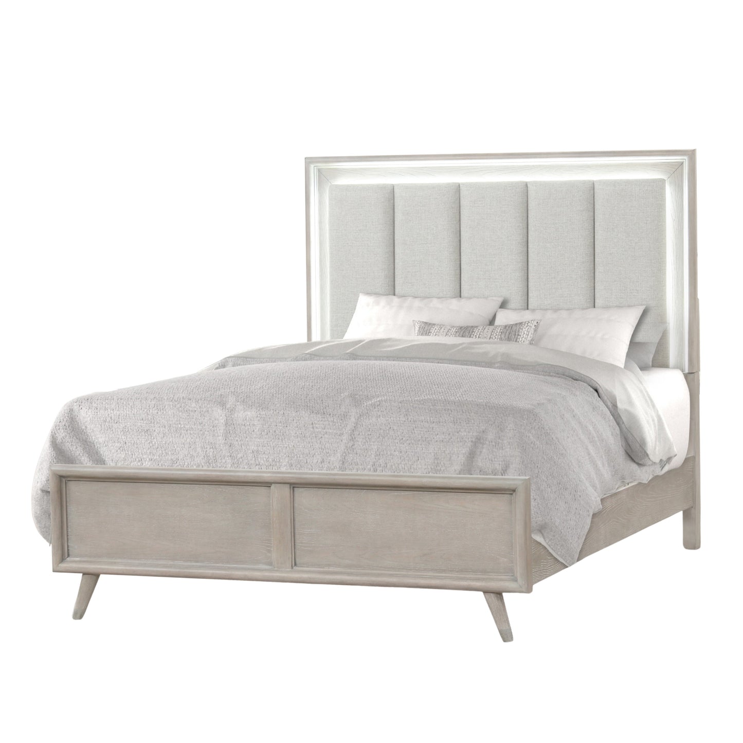 Roundhill Furniture Seluna LED Lighting Panel Bed, Upholstered Headbord, Gray Oak Finish