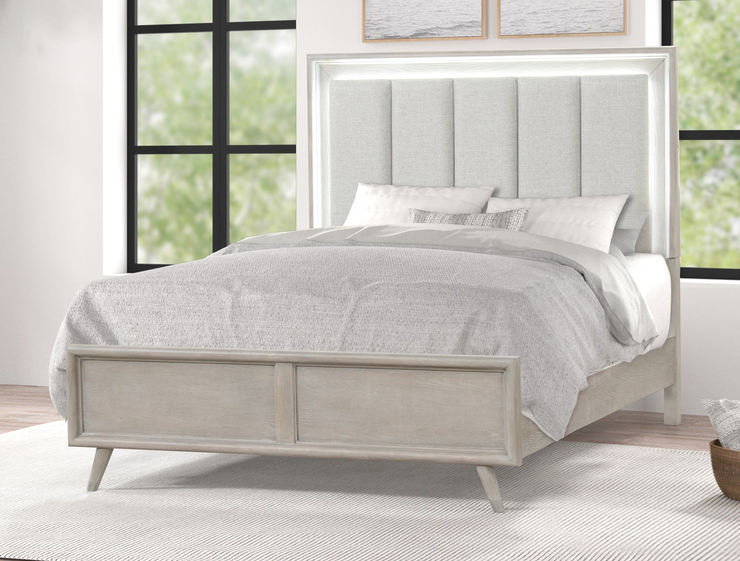 Roundhill Furniture Seluna LED Lighting Panel Bed, Upholstered Headbord, Gray Oak Finish
