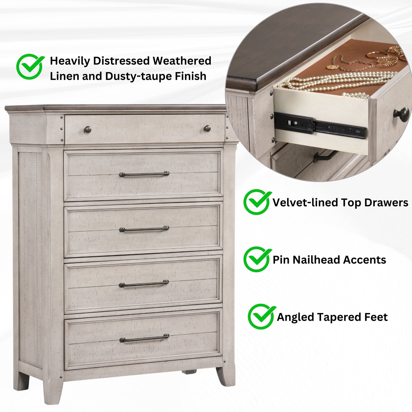 Walcott Bedroom Collection with Touch LED Lighting, Weathered Dusty-taupe Finish