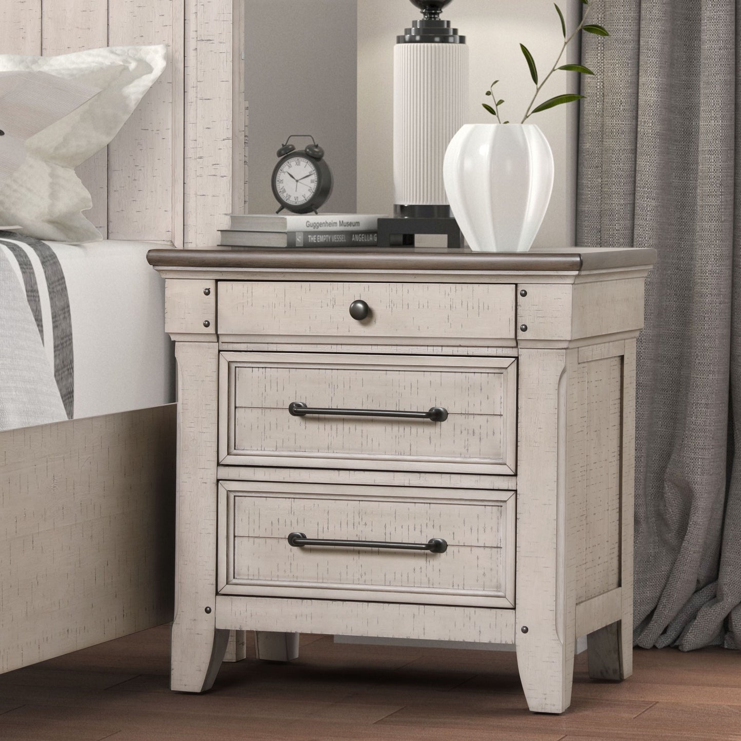 Walcott Bedroom Collection with Touch LED Lighting, Weathered Dusty-taupe Finish