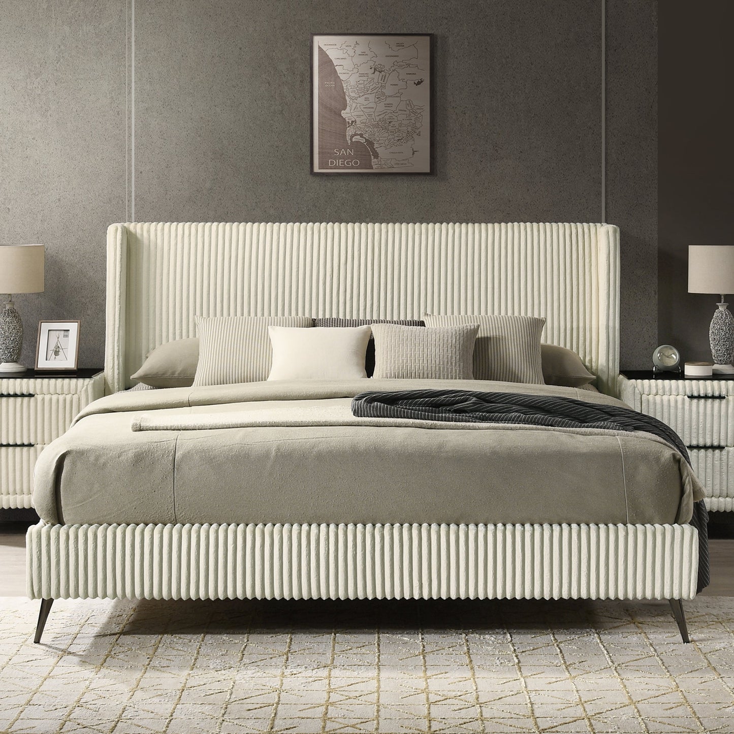 Roundhill Furniture Mavela Wide-wale Corduroy Upholstery Panel Bed with 2 Nightstands