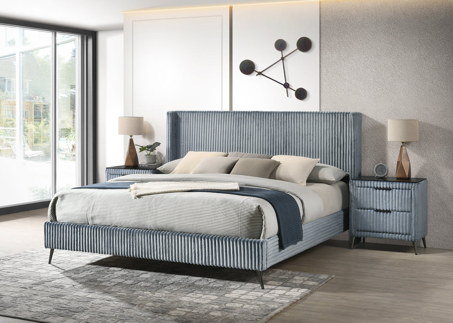 Roundhill Furniture Mavela Wide-wale Corduroy Upholstery Panel Bed with 2 Nightstands and Bench
