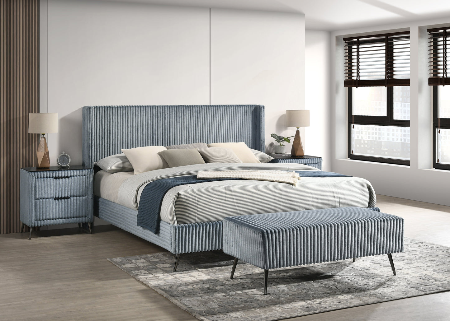 Roundhill Furniture Mavela Wide-wale Corduroy Upholstery Panel Bed with 2 Nightstands and Bench