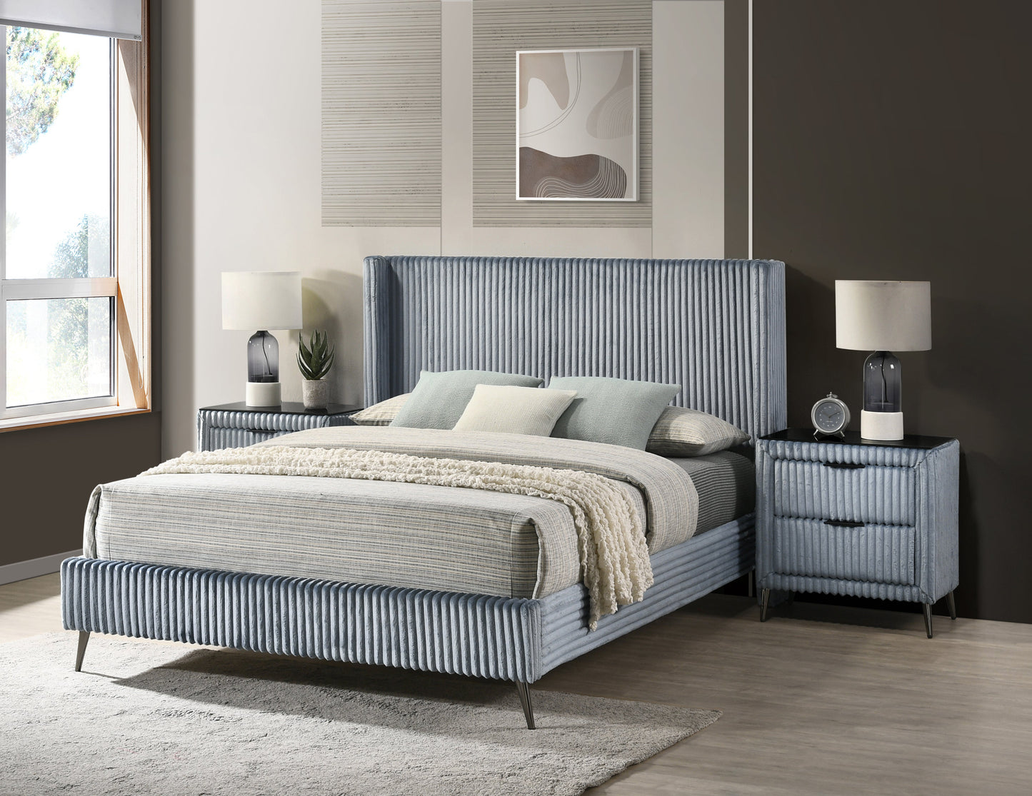Roundhill Furniture Mavela Wide-wale Corduroy Upholstery Panel Bed with 2 Nightstands and Bench